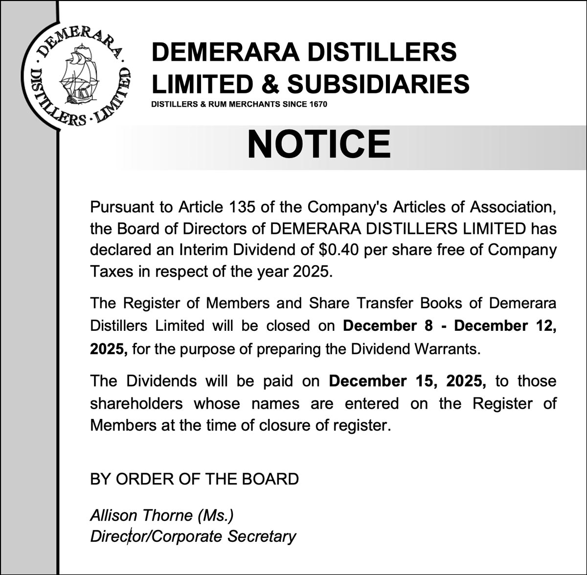 Notice of Interim Dividend